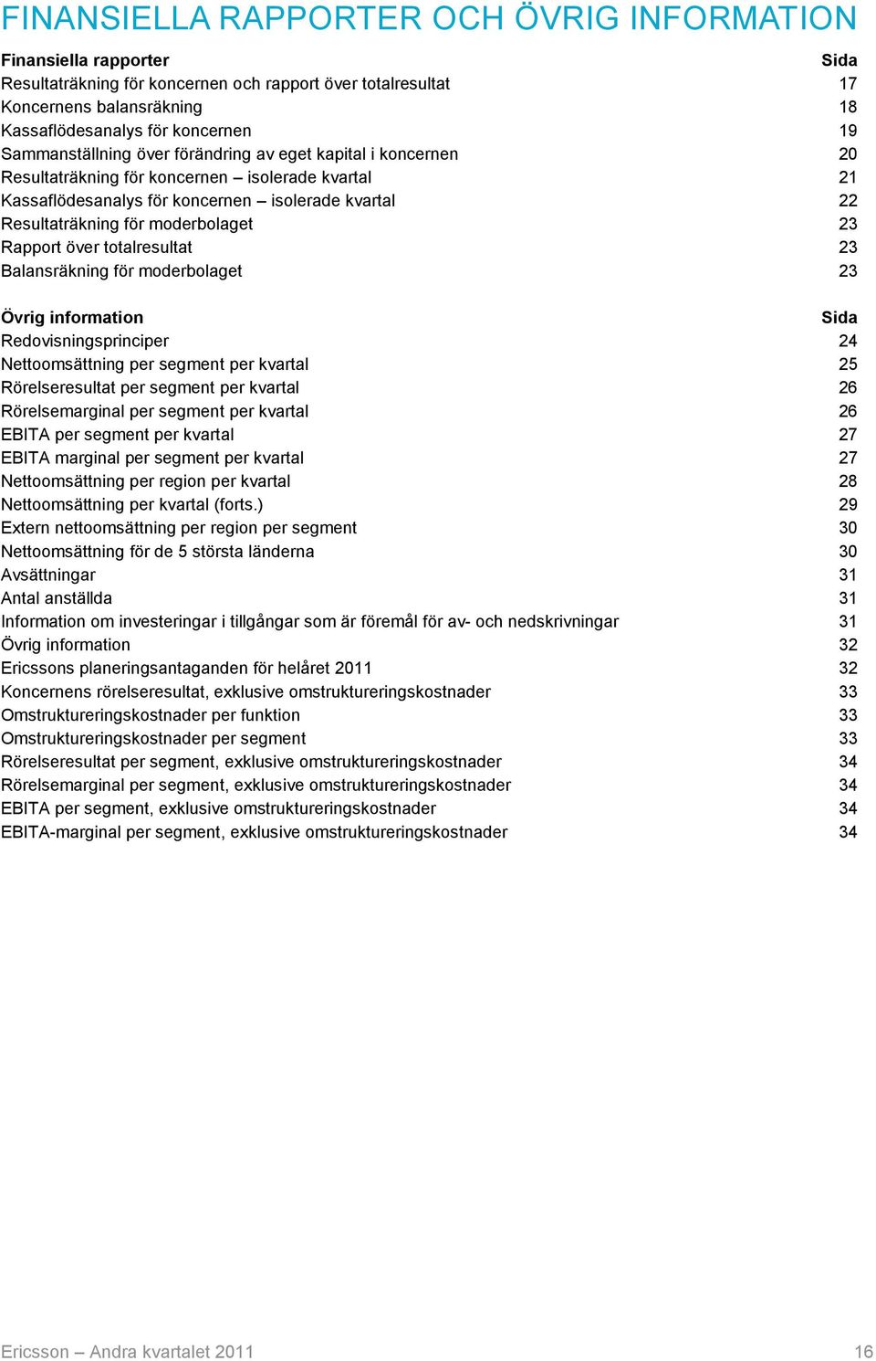 23 Rapport över totalresultat 23 Balansräkning för moderbolaget 23 Övrig information Sida Redovisningsprinciper 24 Nettoomsättning per segment per kvartal 25 Rörelseresultat per segment per kvartal