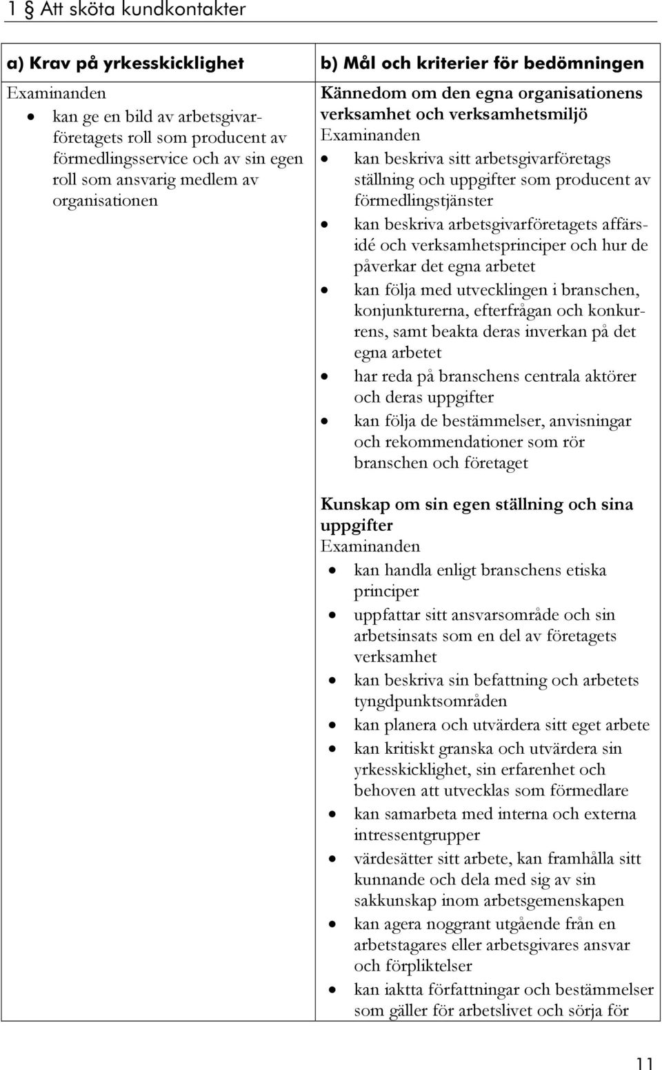 förmedlingstjänster kan beskriva arbetsgivarföretagets affärsidé och verksamhetsprinciper och hur de påverkar det egna arbetet kan följa med utvecklingen i branschen, konjunkturerna, efterfrågan och