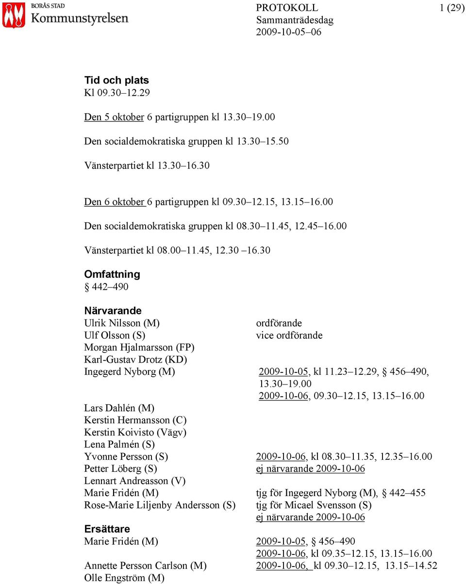 30 Omfattning 442 490 Närvarande Ulrik Nilsson (M) ordförande Ulf Olsson (S) vice ordförande Morgan Hjalmarsson (FP) Karl-Gustav Drotz (KD) Ingegerd Nyborg (M), kl 11.23 12.29, 456 490, 13.30 19.