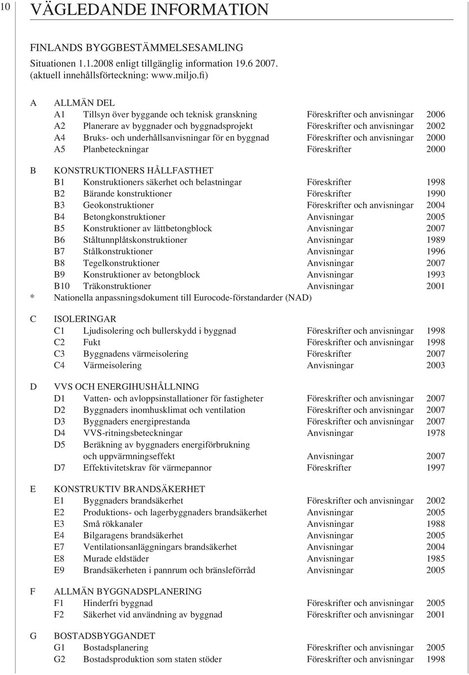 underhållsanvisningar för en byggnad Föreskrifter och anvisningar 2000 A5 Planbeteckningar Föreskrifter 2000 B KONSTRUKTIONERS HÅLLFASTHET B1 Konstruktioners säkerhet och belastningar Föreskrifter