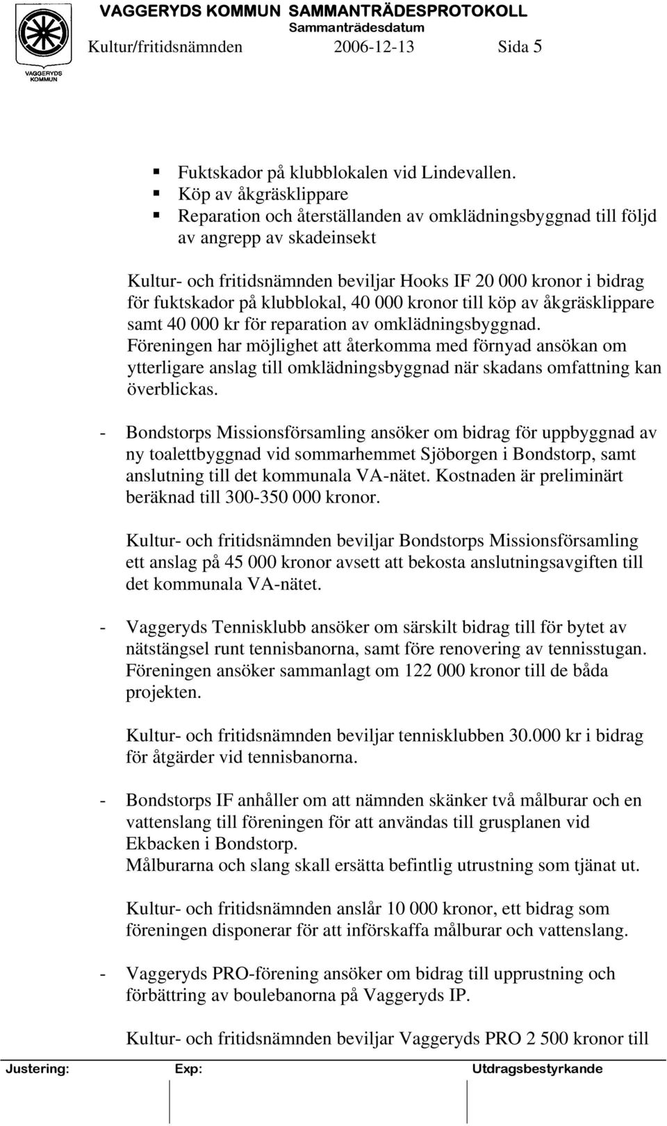 klubblokal, 40 000 kronor till köp av åkgräsklippare samt 40 000 kr för reparation av omklädningsbyggnad.