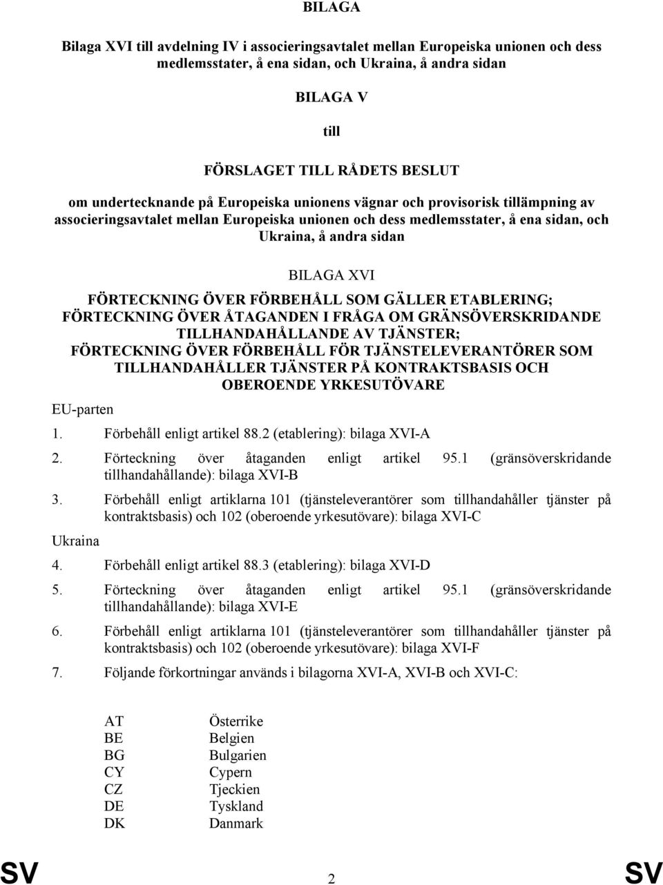 FÖRTECKNING ÖVER FÖRBEHÅLL SOM GÄLLER ETABLERING; FÖRTECKNING ÖVER ÅTAGANDEN I FRÅGA OM GRÄNSÖVERSKRIDANDE TILLHANDAHÅLLANDE AV TJÄNSTER; FÖRTECKNING ÖVER FÖRBEHÅLL FÖR TJÄNSTELEVERANTÖRER SOM