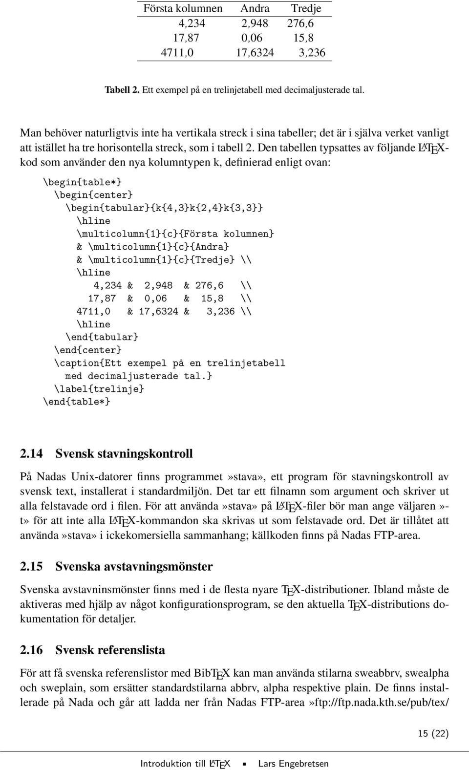 Den tabellen typsattes av följande L A TEXkod som använder den nya kolumntypen k, definierad enligt ovan: \begin{table*} \begin{center} \begin{tabular}{k{4,3}k{2,4}k{3,3}} \hline