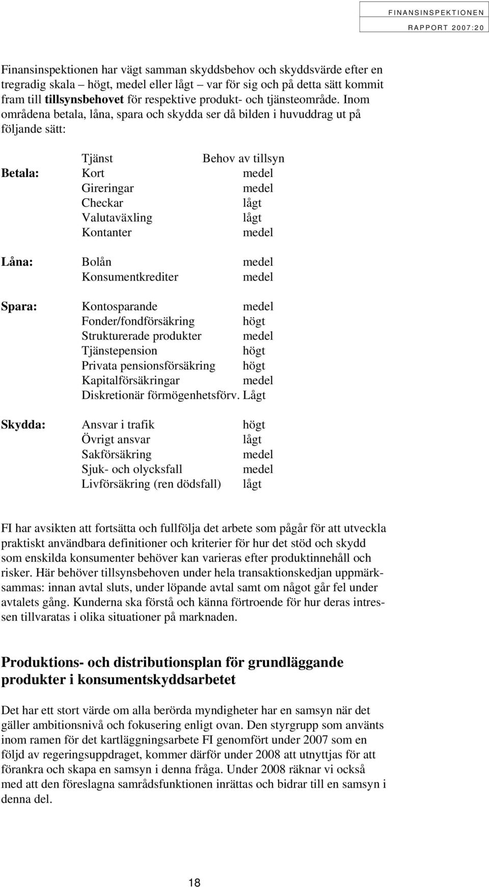 Inom områdena betala, låna, spara och skydda ser då bilden i huvuddrag ut på följande sätt: Tjänst Behov av tillsyn Betala: Kort medel Gireringar medel Checkar lågt Valutaväxling lågt Kontanter medel