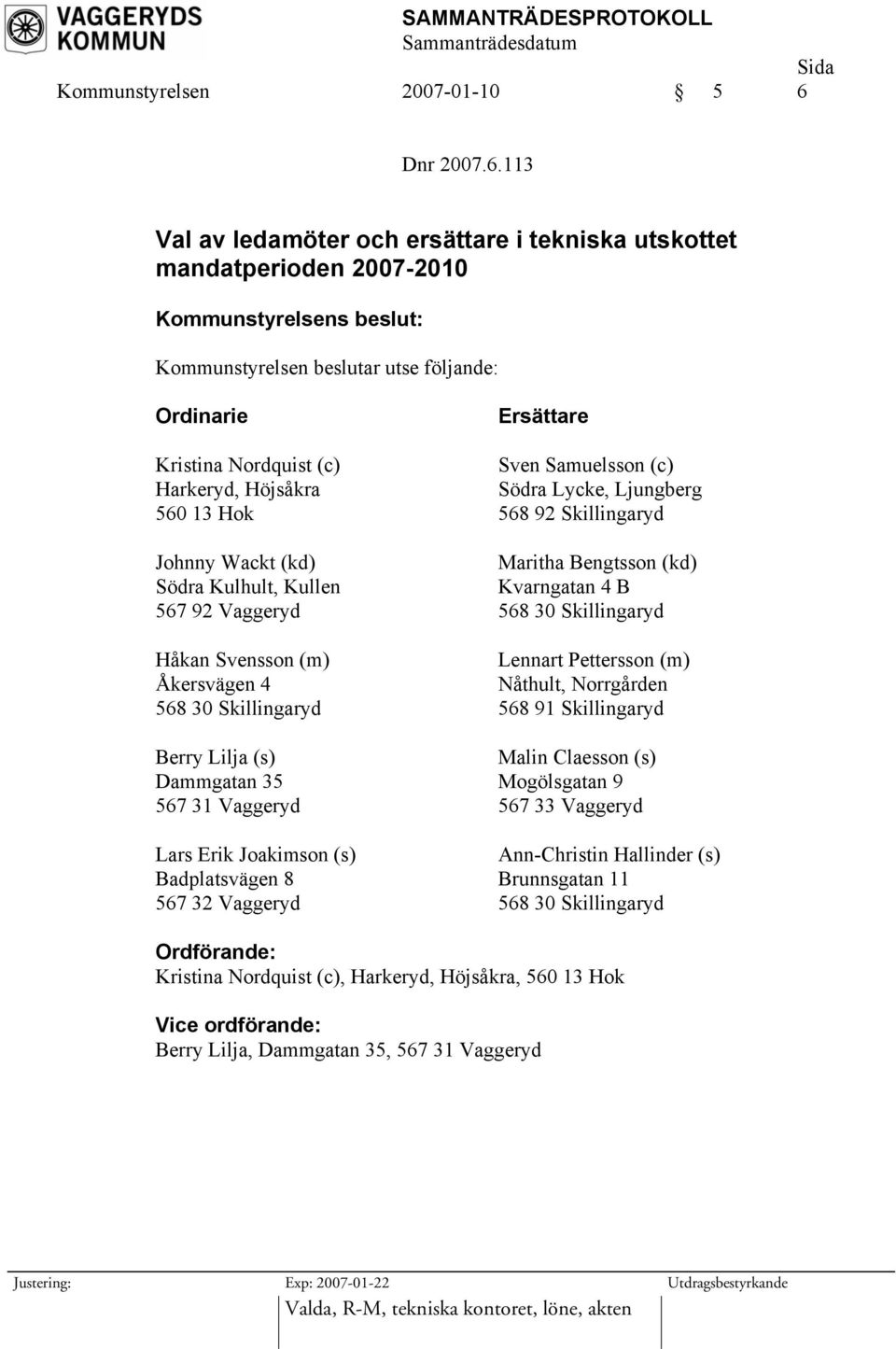 113 Val av ledamöter och ersättare i tekniska utskottet mandatperioden 2007-2010 Kommunstyrelsen beslutar utse följande: Ordinarie Kristina Nordquist (c) Harkeryd, Höjsåkra 560 13 Hok Johnny Wackt