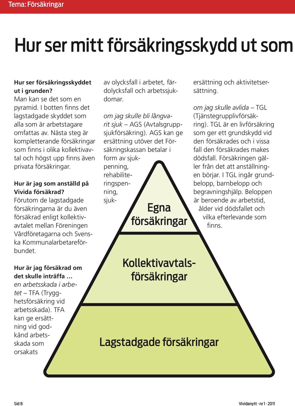 Nästa steg är kompletterande försäkringar som finns i olika kollektivavtal och högst upp finns även privata försäkringar. Hur är jag som anställd på Vivida försäkrad?