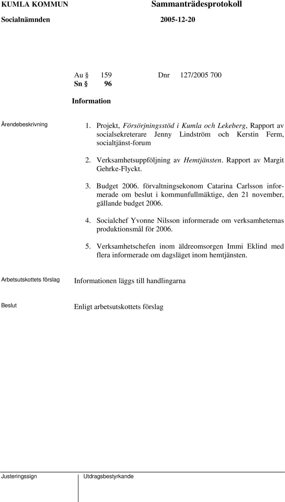 Verksamhetsuppföljning av Hemtjänsten. Rapport av Margit Gehrke-Flyckt. 3. Budget 2006.