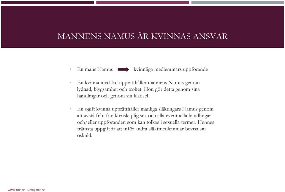 En ogift kvinna upprätthåller manliga släktingars Namus genom att avstå från föräktenskaplig sex och alla eventuella