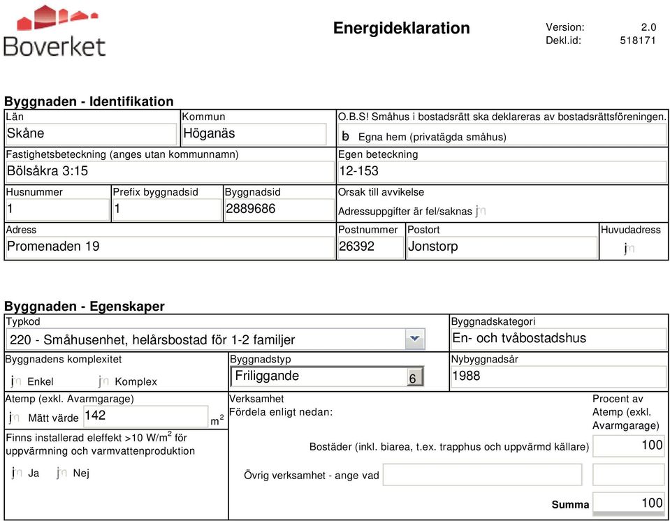 b Egna hem (privatägda småhus) Egen beteckning 12-153 Orsak till avvikelse Adressuppgifter är fel/saknas Postnummer 26392 Postort Jonstorp Huvudadress i Byggnaden - Egenskaper Typkod 220 -