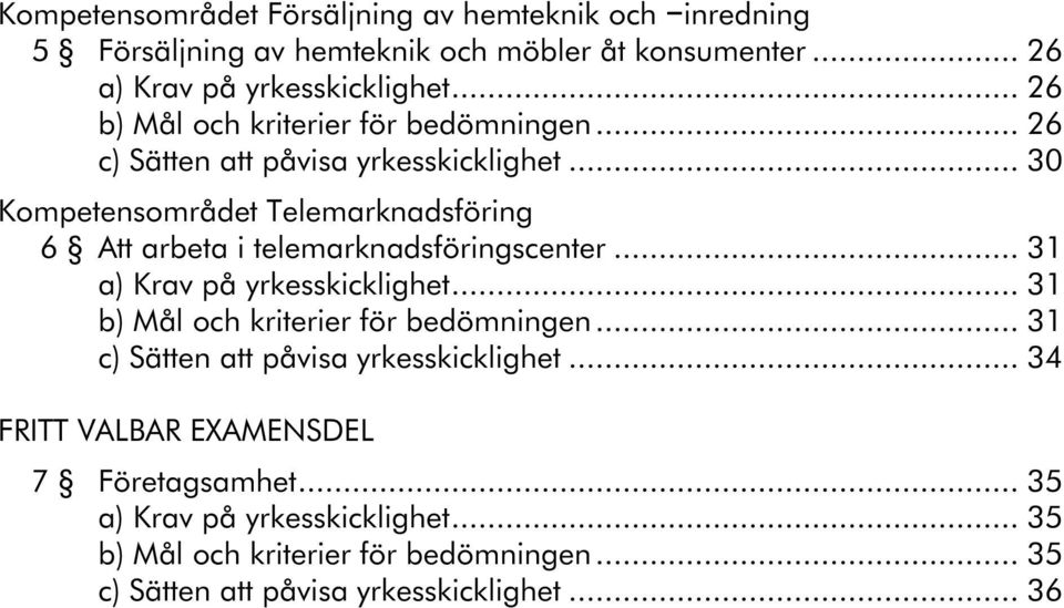 .. 30 Kompetensområdet Telemarknadsföring 6 Att arbeta i telemarknadsföringscenter... 31 a) Krav på yrkesskicklighet.