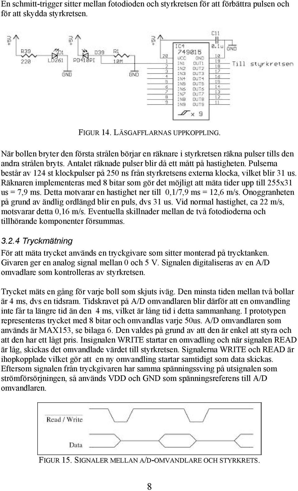 Pulserna består av 124 st klockpulser på 250 ns från styrkretsens externa klocka, vilket blir 31 us. Räknaren implementeras med 8 bitar som gör det möjligt att mäta tider upp till 255x31 us = 7,9 ms.