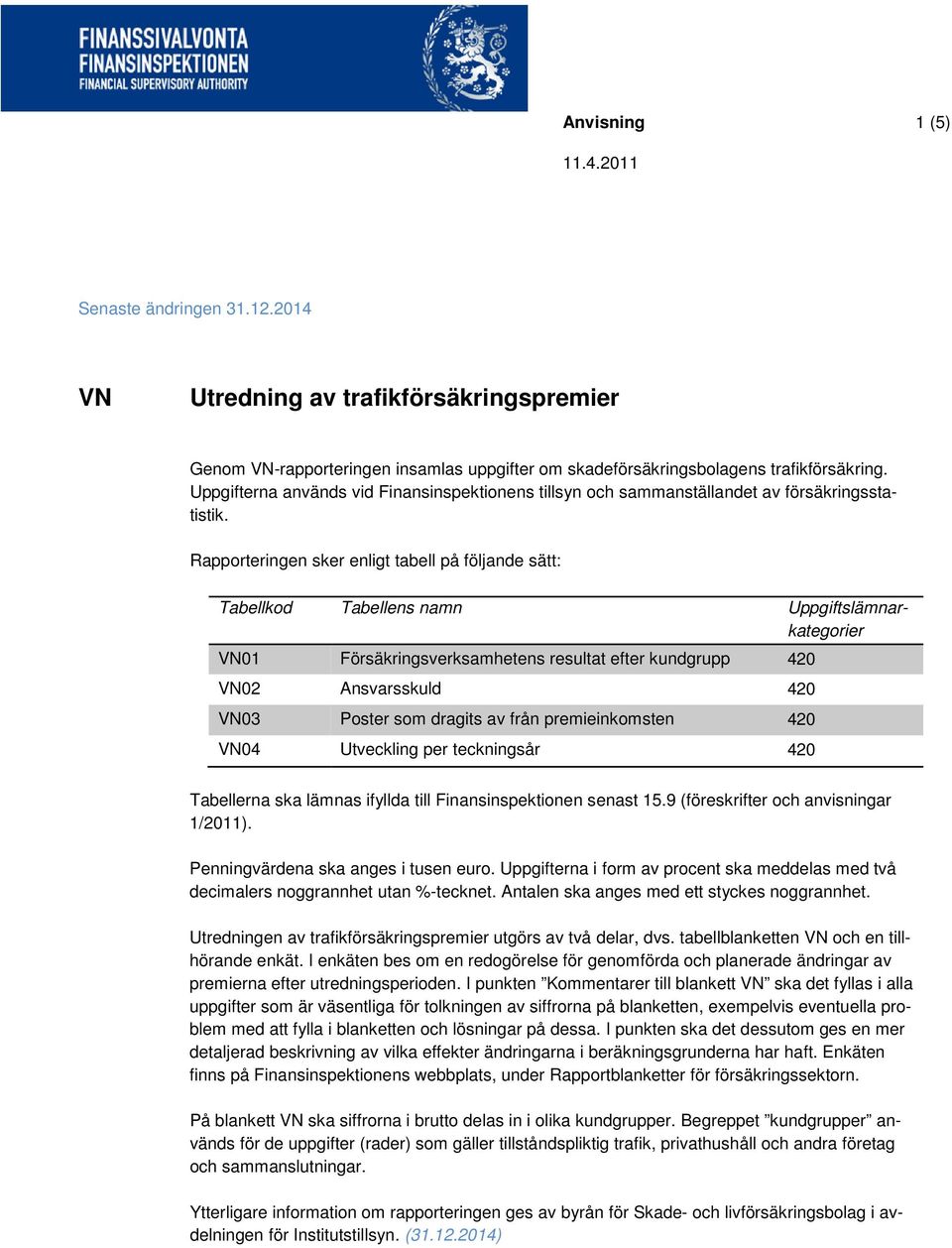 Rapporteringen sker enligt tabell på följande sätt: Tabellkod Tabellens namn Uppgiftslämnarkategorier VN01 Försäkringsverksamhetens resultat efter kundgrupp 420 VN02 Ansvarsskuld 420 VN03 Poster som