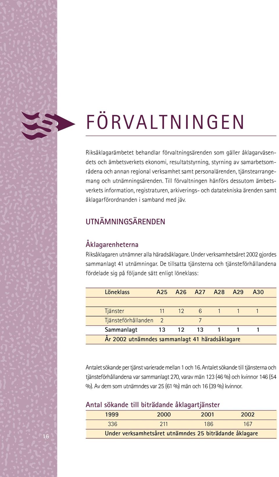 Till förvaltningen hänförs dessutom ämbetsverkets information, registraturen, arkiverings- och datatekniska ärenden samt åklagarförordnanden i samband med jäv.