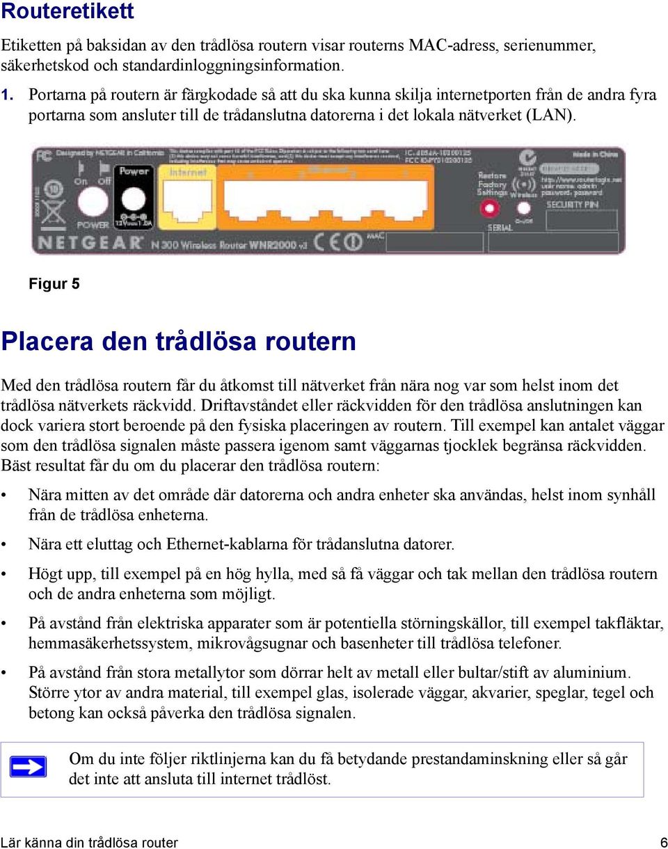 Figur 5 Placera den trådlösa routern Med den trådlösa routern får du åtkomst till nätverket från nära nog var som helst inom det trådlösa nätverkets räckvidd.