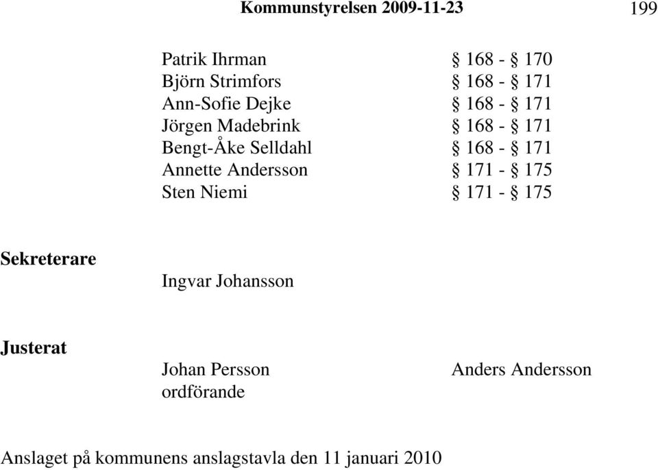 Annette Andersson 171-175 Sten Niemi 171-175 Sekreterare Ingvar Johansson Justerat