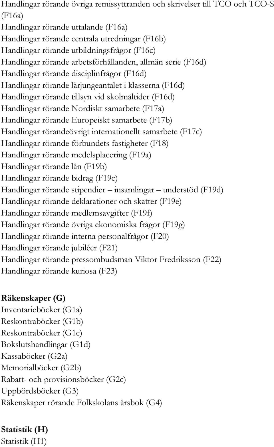 tillsyn vid skolmåltider (F16d) Handlingar rörande Nordiskt samarbete (F17a) Handlingar rörande Europeiskt samarbete (F17b) Handlingar rörandeövrigt internationellt samarbete (F17c) Handlingar