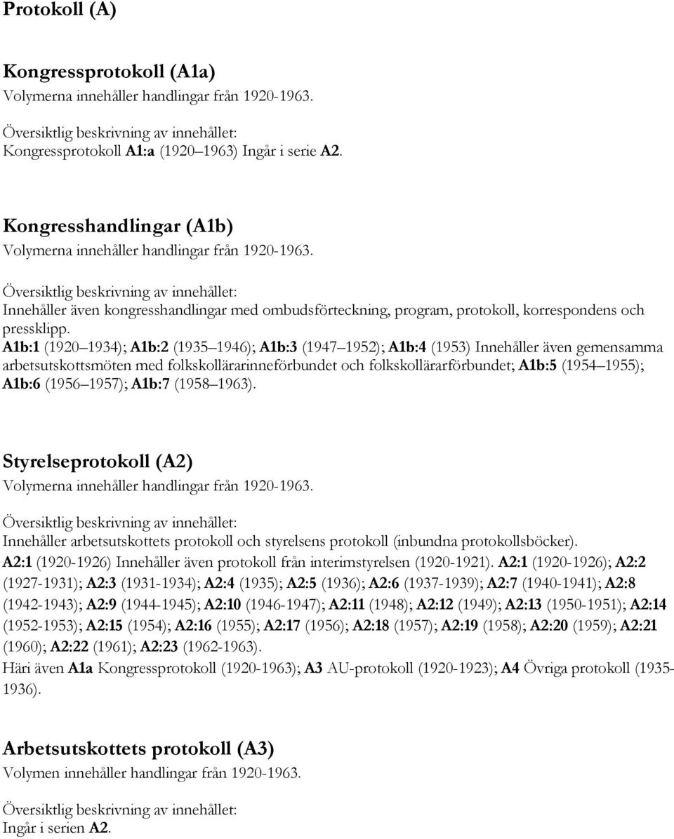 A1b:1 (1920 1934); A1b:2 (1935 1946); A1b:3 (1947 1952); A1b:4 (1953) Innehåller även gemensamma arbetsutskottsmöten med folkskollärarinneförbundet och folkskollärarförbundet; A1b:5 (1954 1955);