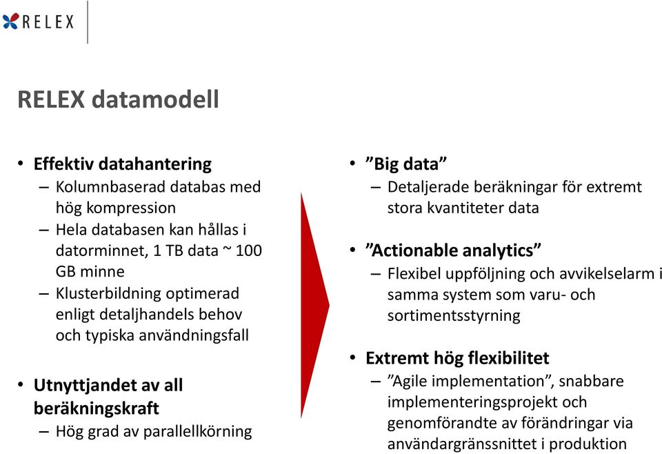 Detaljerade beräkningar för extremt stora kvantiteter data Actionable analytics Flexibel uppföljning och avvikelselarm i samma system som varu- och