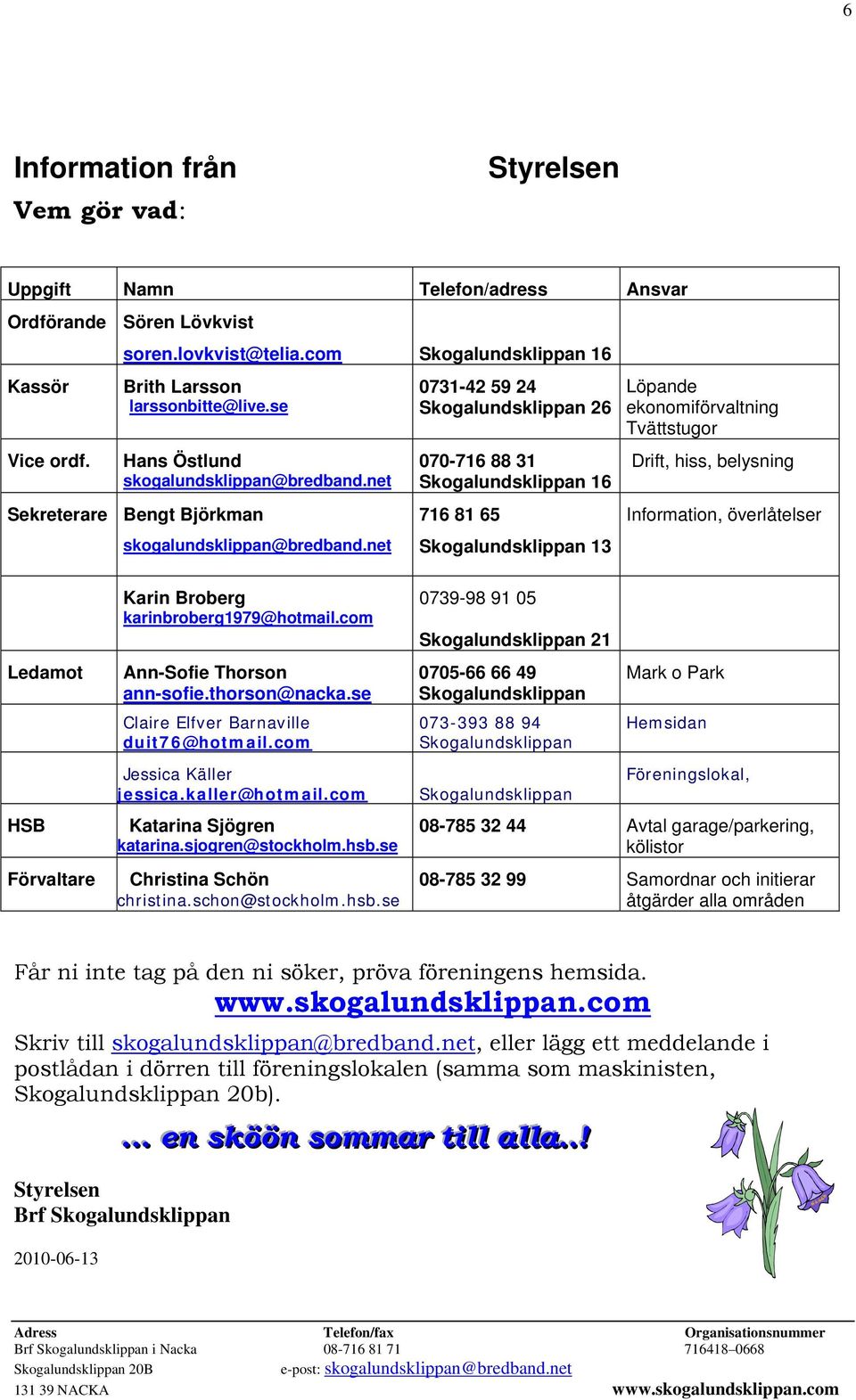 net 0731-42 59 24 Skogalundsklippan 26 070-716 88 31 Skogalundsklippan 16 716 81 65 Skogalundsklippan 13 Löpande ekonomiförvaltning Tvättstugor Drift, hiss, belysning Information, överlåtelser