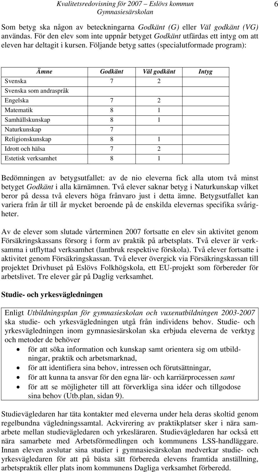 Idrott och hälsa 7 2 Estetisk verksamhet 8 1 Bedömningen av betygsutfallet: av de nio eleverna fick alla utom två minst betyget Godkänt i alla kärnämnen.