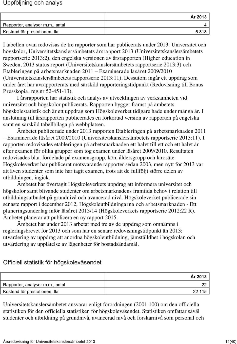 (Universitetskanslersämbetets rapportserie 2013:2), den engelska versionen av årsrapporten (Higher education in Sweden, 2013 status report (Universitetskanslersämbetets rapportserie 2013:3) och