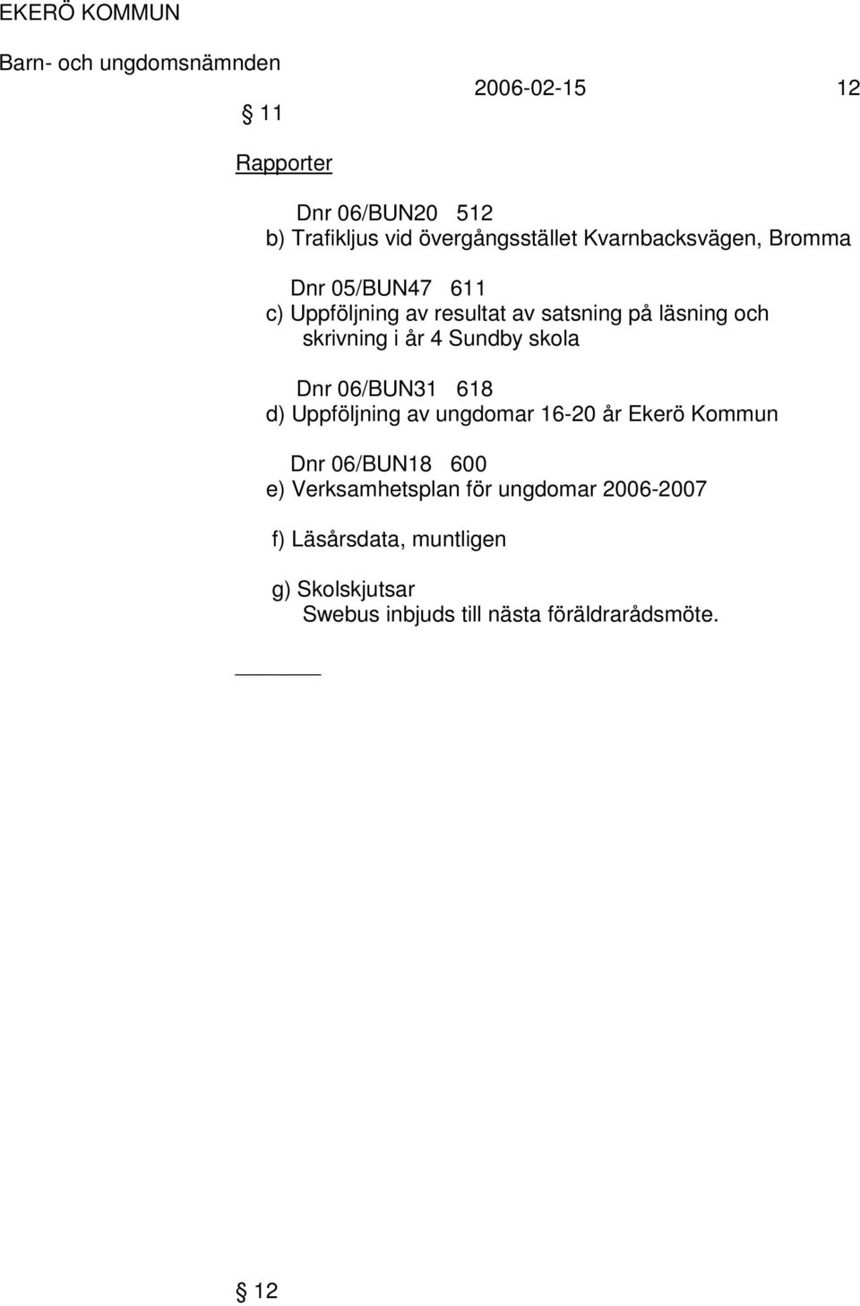 Dnr 06/BUN31 618 d) Uppföljning av ungdomar 16-20 år Ekerö Kommun Dnr 06/BUN18 600 e) Verksamhetsplan