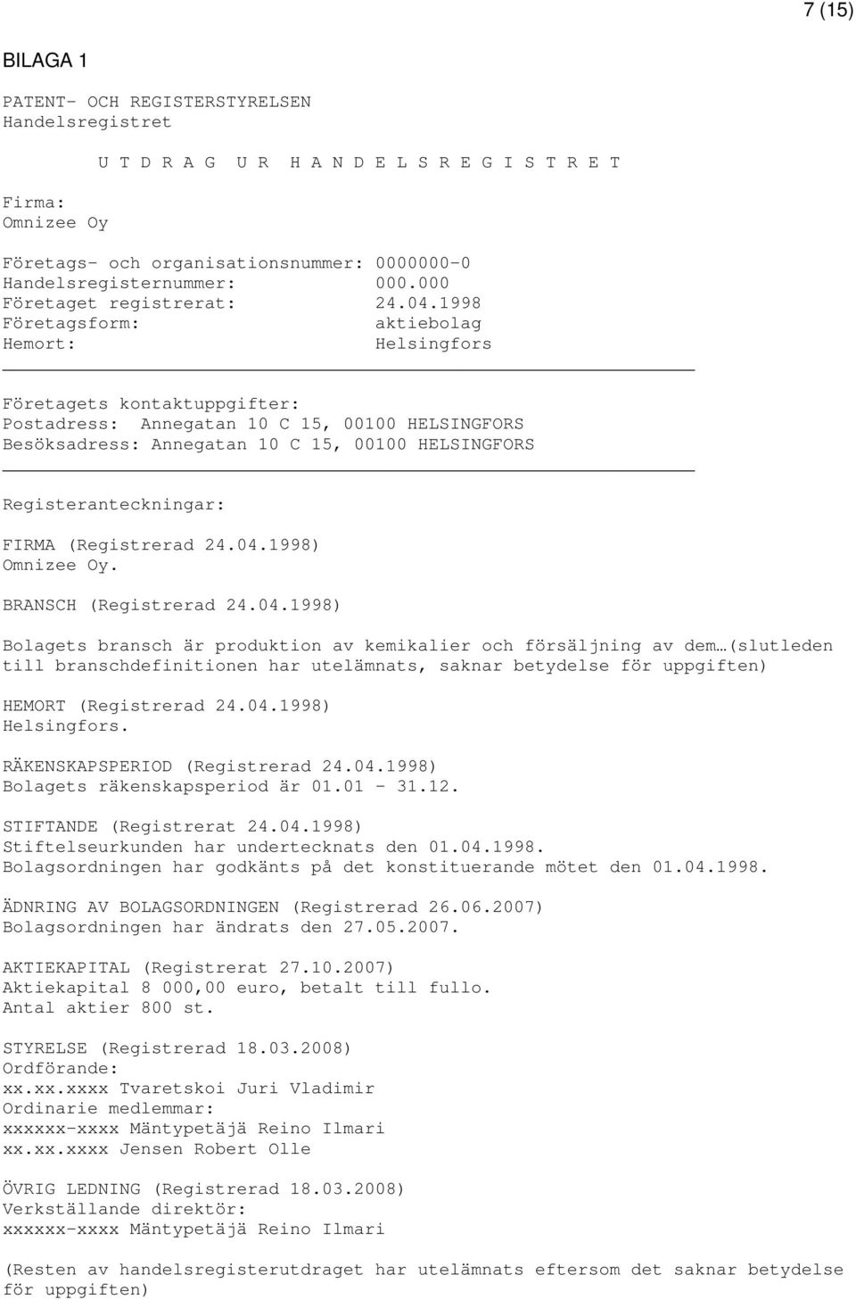 1998 Företagsform: aktiebolag Hemort: Helsingfors Företagets kontaktuppgifter: Postadress: Annegatan 10 C 15, 00100 HELSINGFORS Besöksadress: Annegatan 10 C 15, 00100 HELSINGFORS