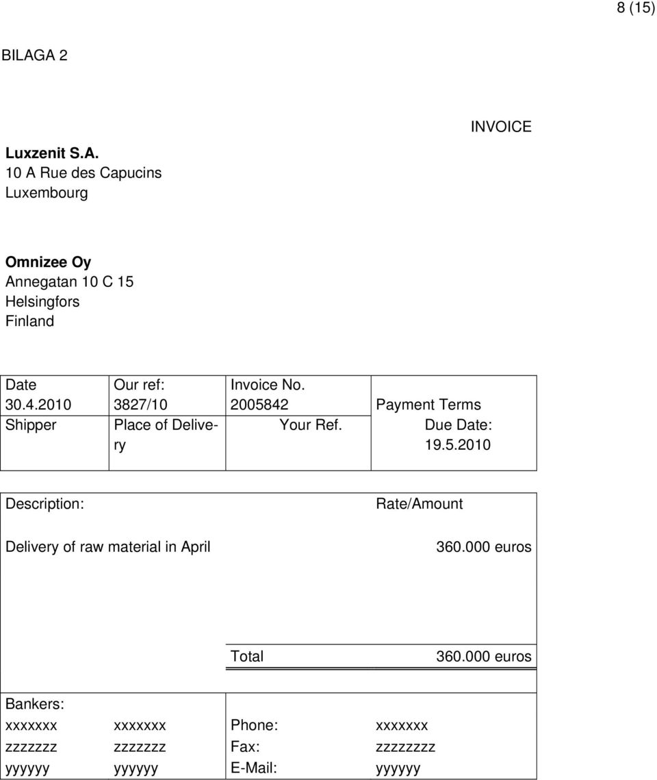 4.2010 Shipper Our ref: 3827/10 Place of Delivery Invoice No. 20058