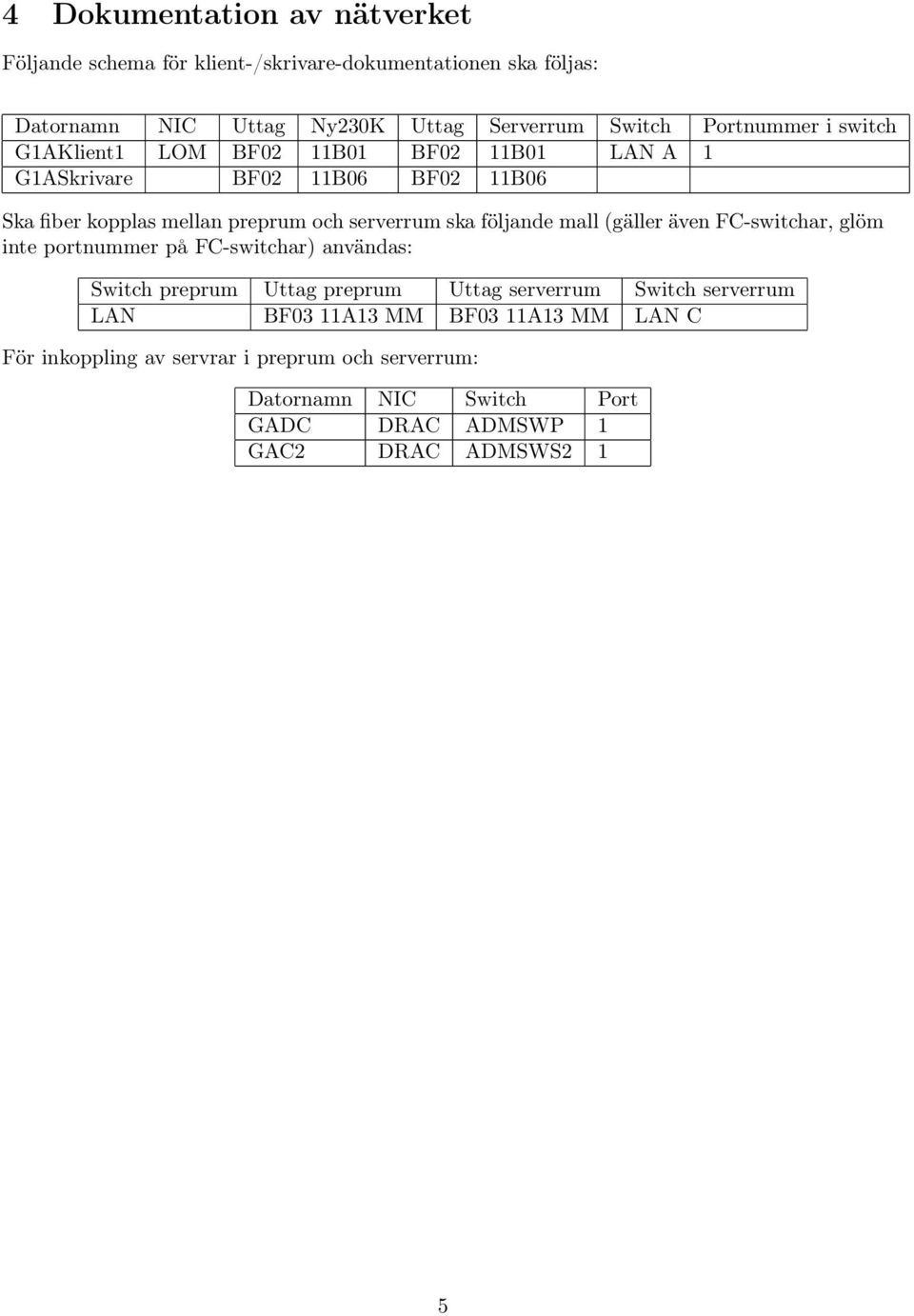 följande mall (gäller även FC-switchar, glöm inte portnummer på FC-switchar) användas: Switch preprum Uttag preprum Uttag serverrum Switch serverrum
