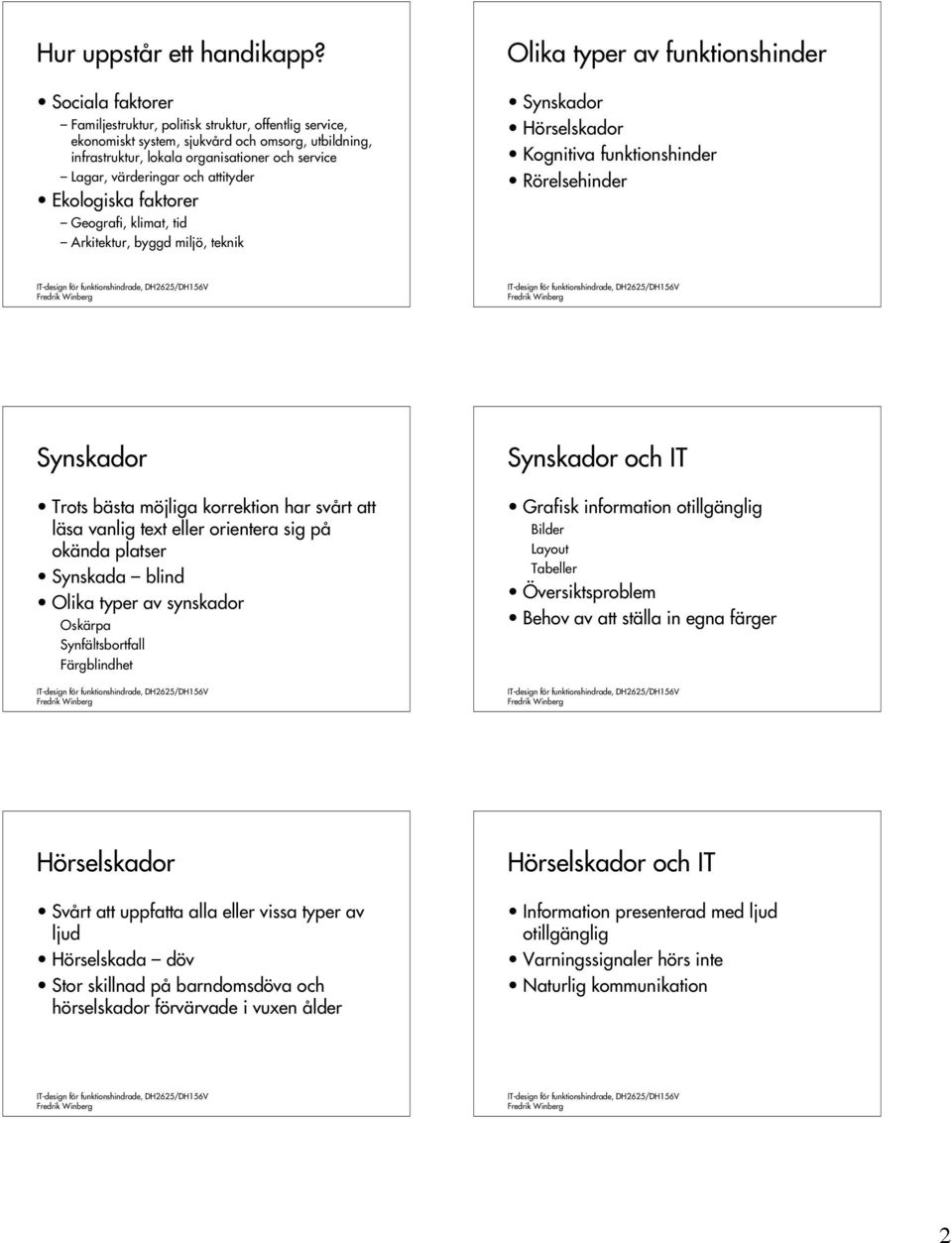 attityder Ekologiska faktorer Geografi, klimat, tid Arkitektur, byggd miljö, teknik Olika typer av funktionshinder Synskador Hörselskador Kognitiva funktionshinder Rörelsehinder Synskador Trots bästa