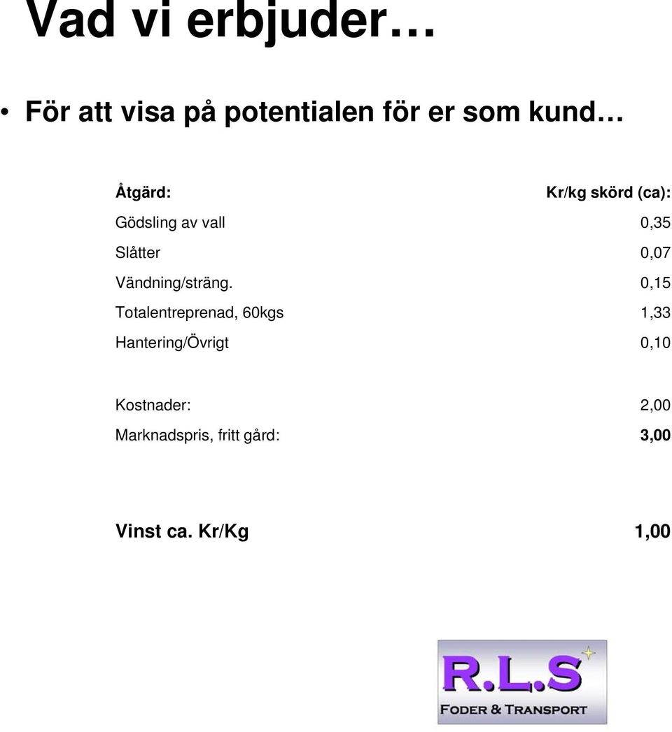 Totalentreprenad, 60kgs Hantering/Övrigt Kr/kg skörd (ca): 0,35