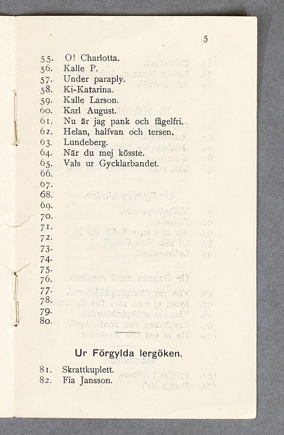 63- Lundeberg. 6 4. N är du mej kösste. 6 5- Vals ur Gycklarbandet. 66. 0 7. 6 8. 69. 7 0.