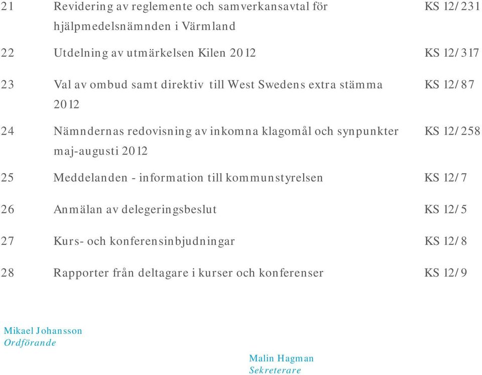 maj-augusti 2012 KS 12/87 KS 12/258 25 Meddelanden - information till kommunstyrelsen KS 12/7 26 Anmälan av delegeringsbeslut KS 12/5 27