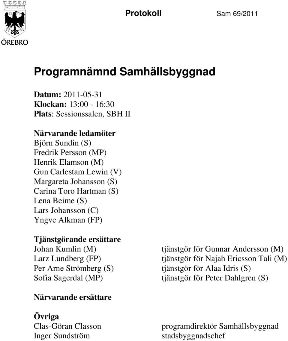 Tjänstgörande ersättare Johan Kumlin (M) Larz Lundberg (FP) Per Arne Strömberg (S) Sofia Sagerdal (MP) tjänstgör för Gunnar Andersson (M) tjänstgör för Najah Ericsson