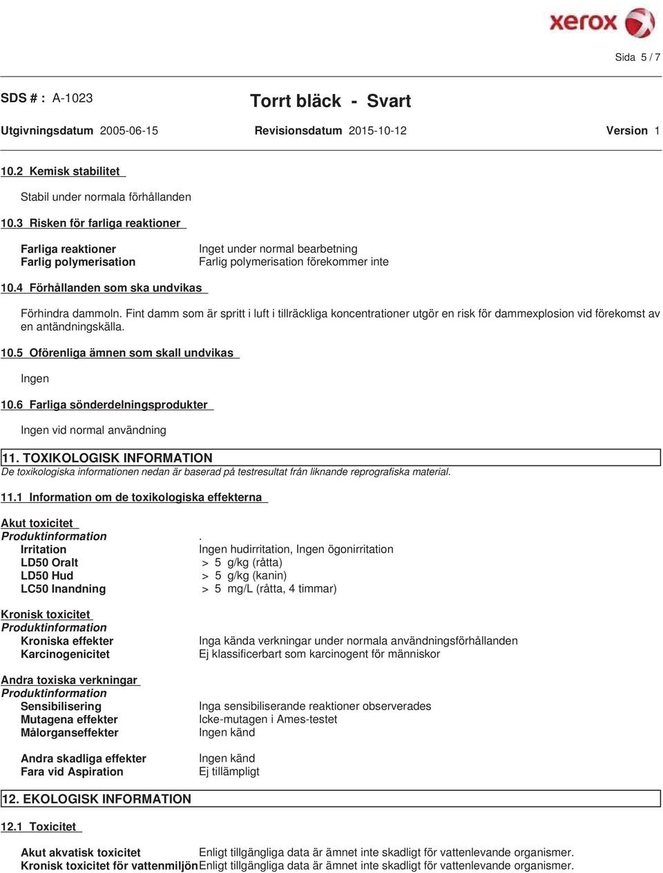 Fint damm som är spritt i luft i tillräckliga koncentrationer utgör en risk för dammexplosion vid förekomst av en antändningskälla. 10.5 Oförenliga ämnen som skall undvikas Ingen 10.