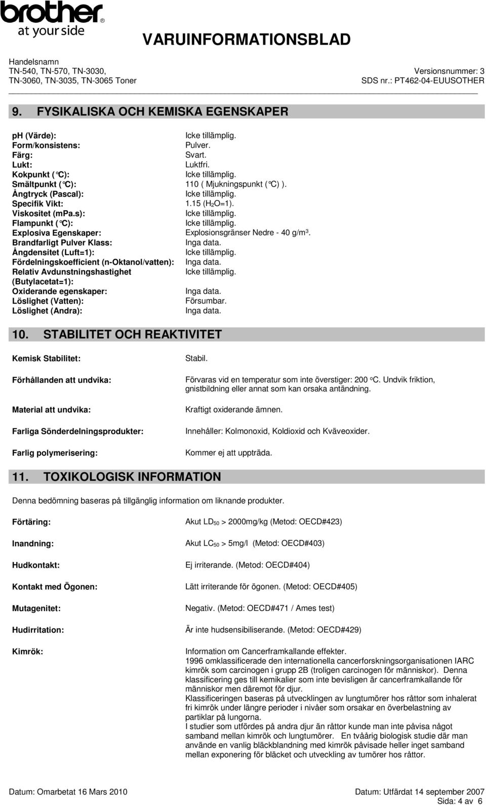 Brandfarligt Pulver Klass: Ångdensitet (Luft=1): Fördelningskoefficient (n-oktanol/vatten): Relativ Avdunstningshastighet (Butylacetat=1): Oxiderande egenskaper: Löslighet (Vatten): Försumbar.