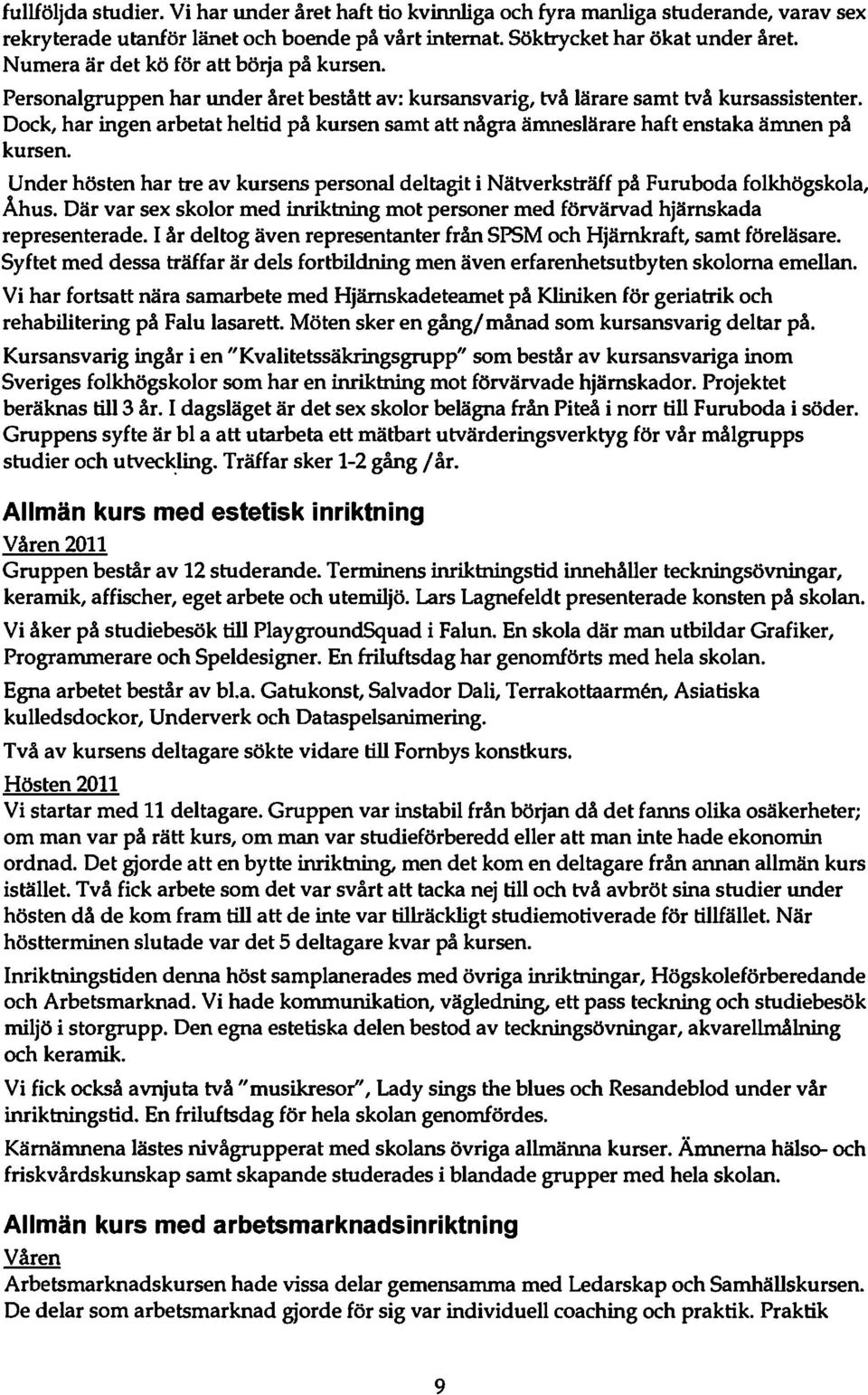 Dock, har ingen arbetat heltid på kursen samt att några ämneslärare haft enstaka ämnen på kursen. Under hösten har tre av kursens personal deltagit i Nätverksträff på Furuboda folkhögskola, Åhus.