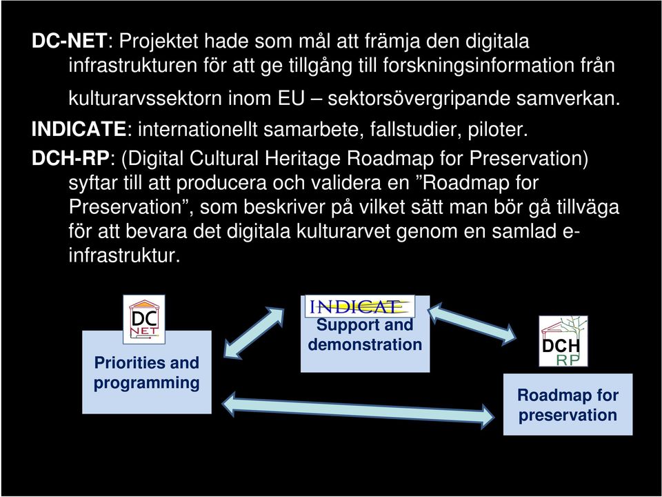 DCH-RP: (Digital Cultural Heritage Roadmap for Preservation) syftar till att producera och validera en Roadmap for Preservation, som