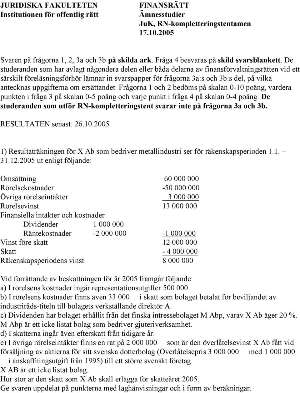 De studeranden som har avlagt någondera delen eller båda delarna av finansförvaltningsrätten vid ett särskilt föreläsningsförhör lämnar in svarspapper för frågorna 3a:s och 3b:s del, på vilka