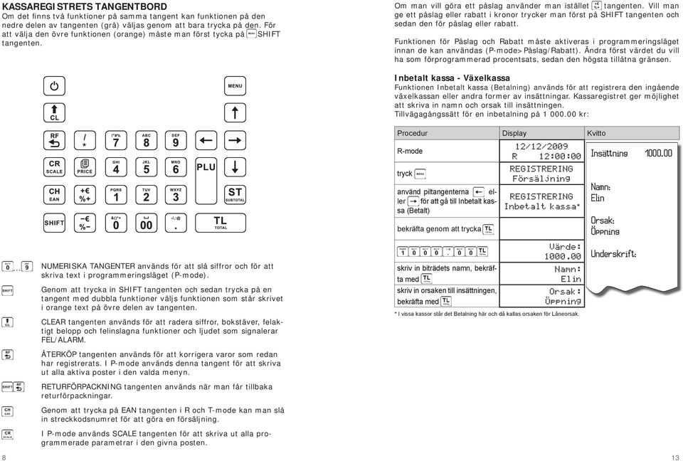 Vill man ge ett påslag eller rabatt i kronor trycker man först på SHIFT tangenten och sedan den för påslag eller rabatt.