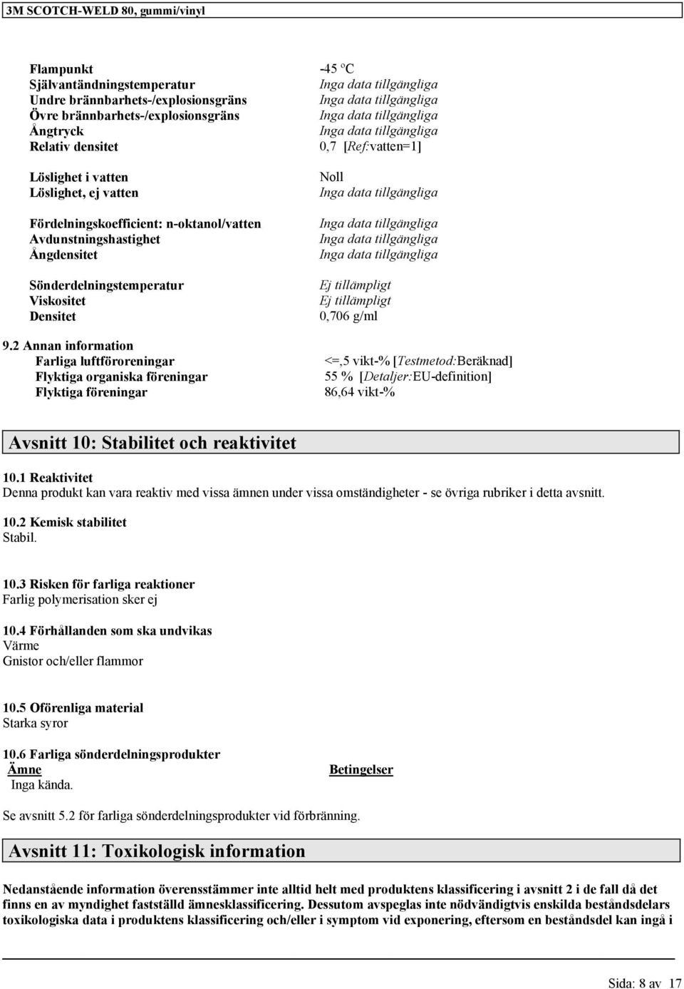 2 Annan information Farliga luftföroreningar Flyktiga organiska föreningar Flyktiga föreningar Noll Inga data a Inga data a Inga data a Inga data a Ej tillämpligt Ej tillämpligt 0,706 g/ml <=,5