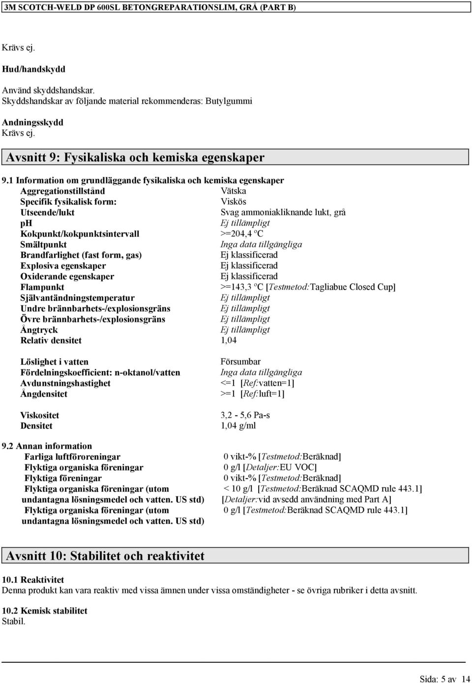 1 Information om grundläggande fysikaliska och kemiska egenskaper Aggregationstillstånd Vätska Specifik fysikalisk form: Viskös Utseende/lukt Svag ammoniakliknande lukt, grå ph Ej tillämpligt