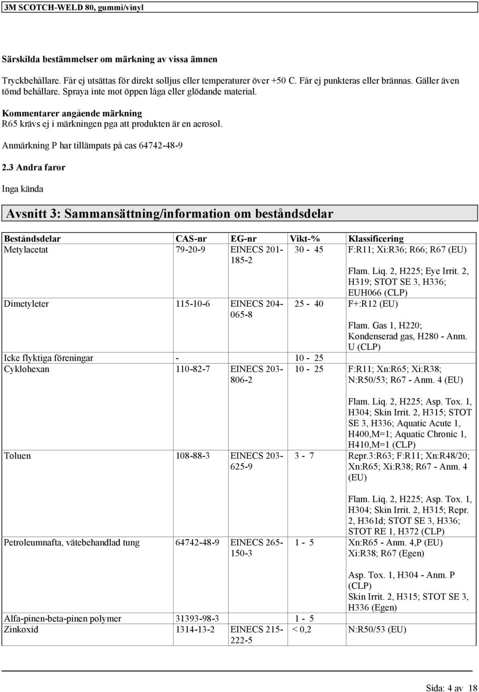 3 Andra faror Inga kända Avsnitt 3: Sammansättning/information om beståndsdelar Beståndsdelar CAS-nr EG-nr Vikt-% Klassificering Metylacetat 79-20-9 EINECS 201-185-2 30-45 F:R11; Xi:R36; R66; R67