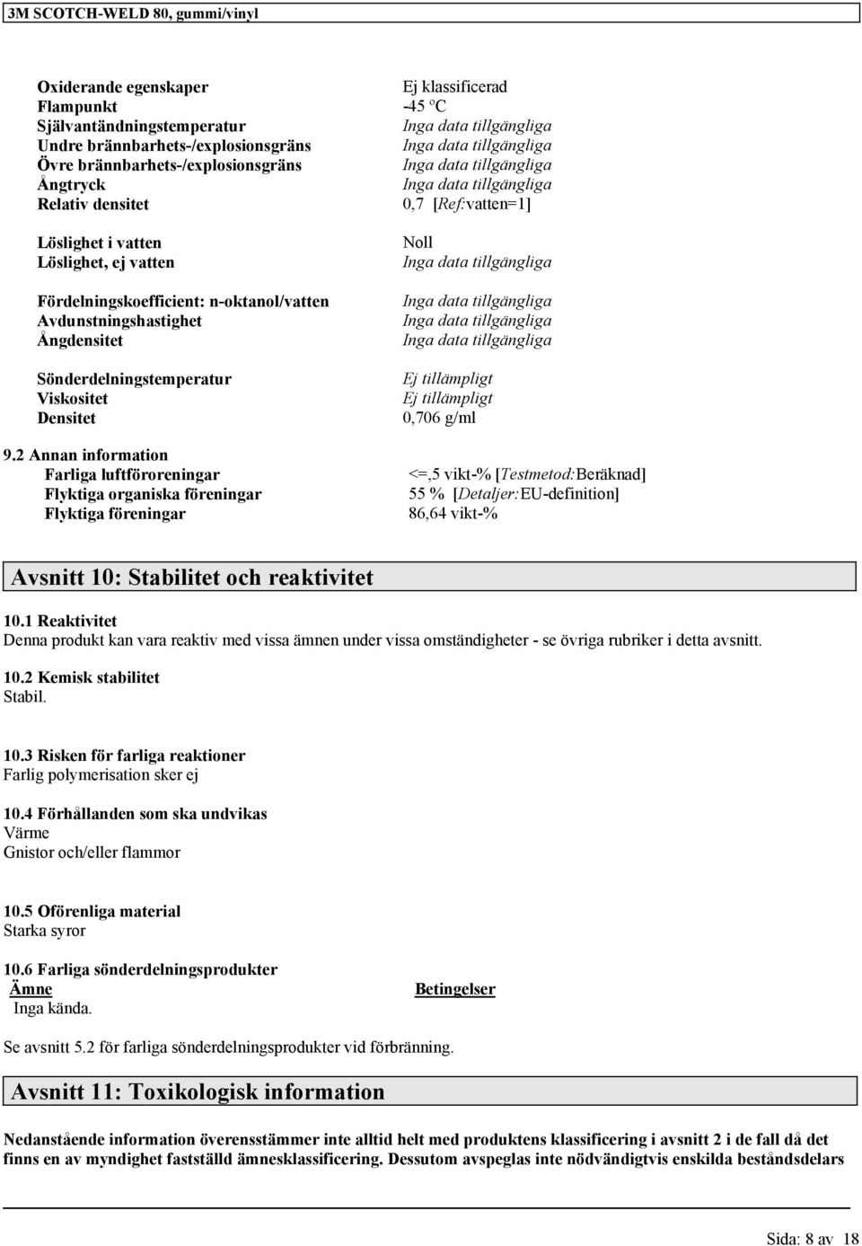 Densitet Noll Inga data a Inga data a Inga data a Inga data a Ej tillämpligt Ej tillämpligt 0,706 g/ml 9.