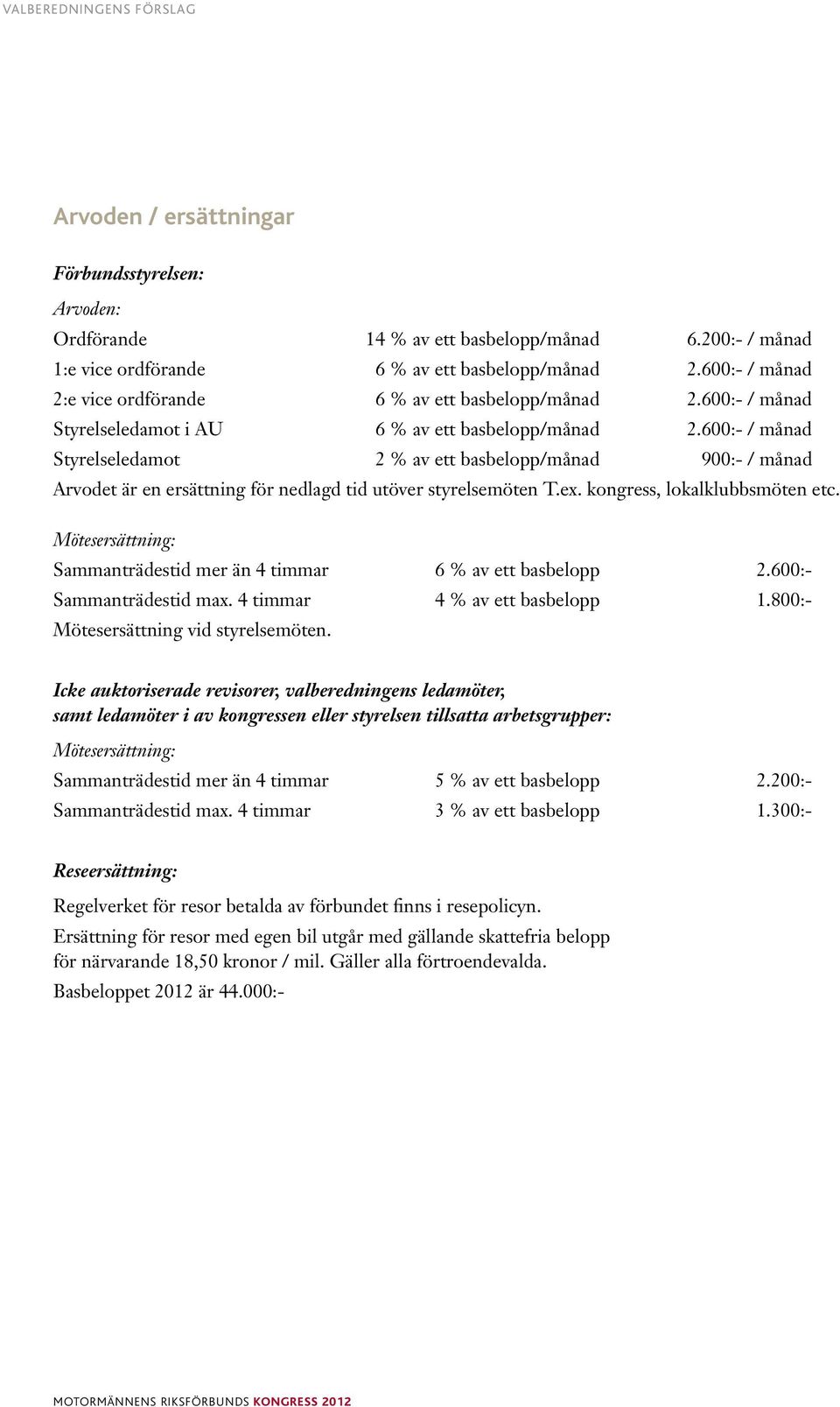 600:- / månad Styrelseledamot 2 % av ett basbelopp/månad 900:- / månad Arvodet är en ersättning för nedlagd tid utöver styrelsemöten T.ex. kongress, lokalklubbsmöten etc.