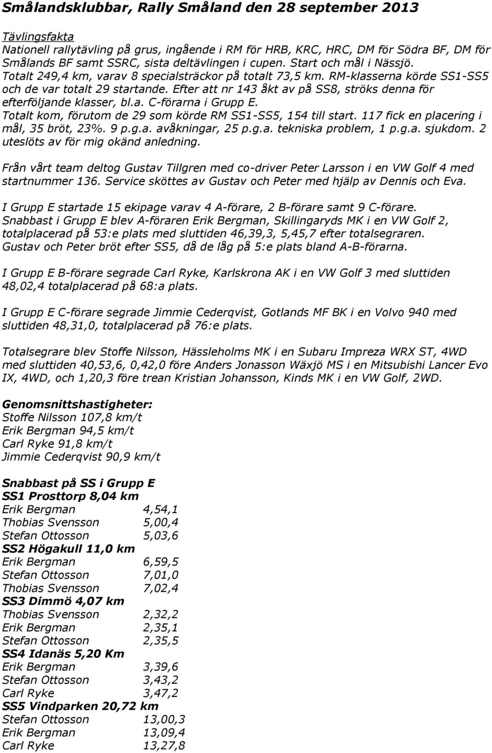 Efter att nr 143 åkt av på SS8, ströks denna för efterföljande klasser, bl.a. C-förarna i Grupp E. Totalt kom, förutom de 29 som körde RM SS1-SS5, 154 till start.