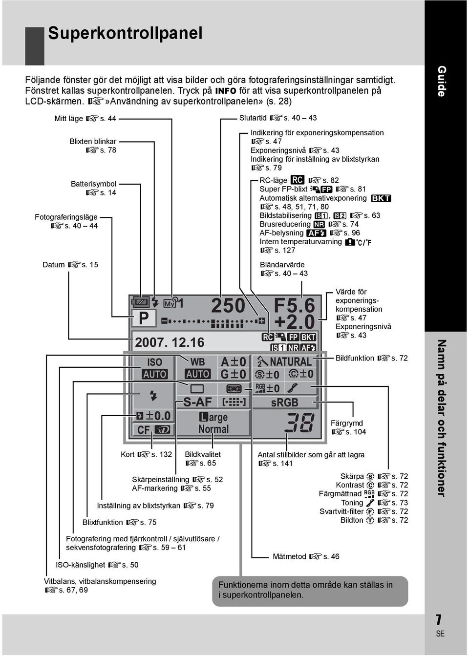 14 Fotograferingsläge gs. 40 44 Datum gs. 15 Indikering för exponeringskompensation gs. 47 Exponeringsnivå gs. 43 Indikering för inställning av blixtstyrkan gs. 79 RC-läge m gs.