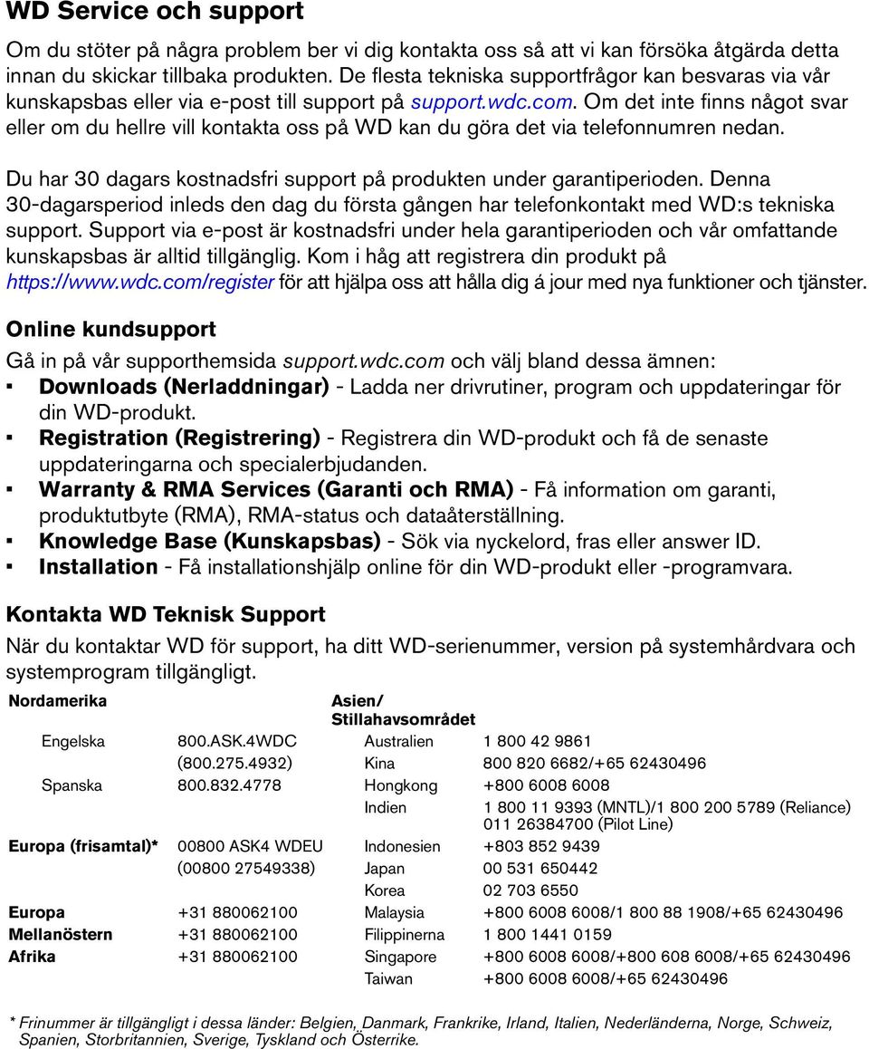 Om det inte finns något svar eller om du hellre vill kontakta oss på WD kan du göra det via telefonnumren nedan. Du har 30 dagars kostnadsfri support på produkten under garantiperioden.