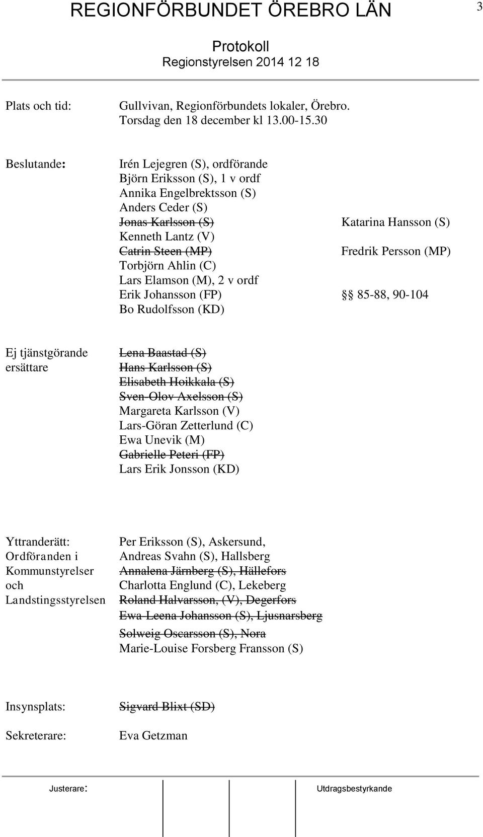 Fredrik Persson (MP) Torbjörn Ahlin (C) Lars Elamson (M), 2 v ordf Erik Johansson (FP) 85-88, 90-104 Bo Rudolfsson (KD) Ej tjänstgörande ersättare Lena Baastad (S) Hans Karlsson (S) Elisabeth