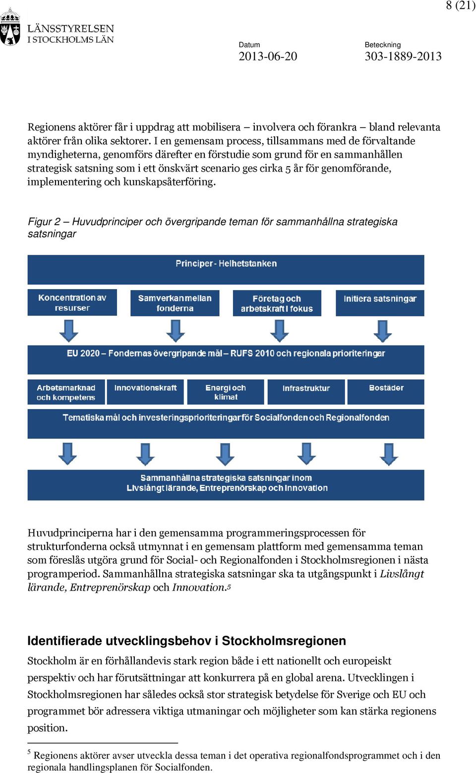 genomförande, implementering och kunskapsåterföring. Figur 2 Huvudprinciper och övergripande teman för sammanhållna strategiska satsningar Tillämpning av huvudprinciperna visualiseras i Figur 2.